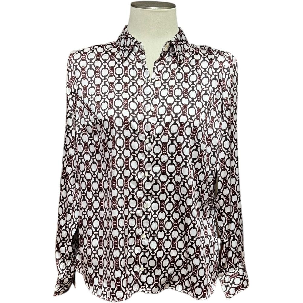 Tommy Hilfiger Equestrian Print Long Sleeve Button Up Blouse Black Red Large